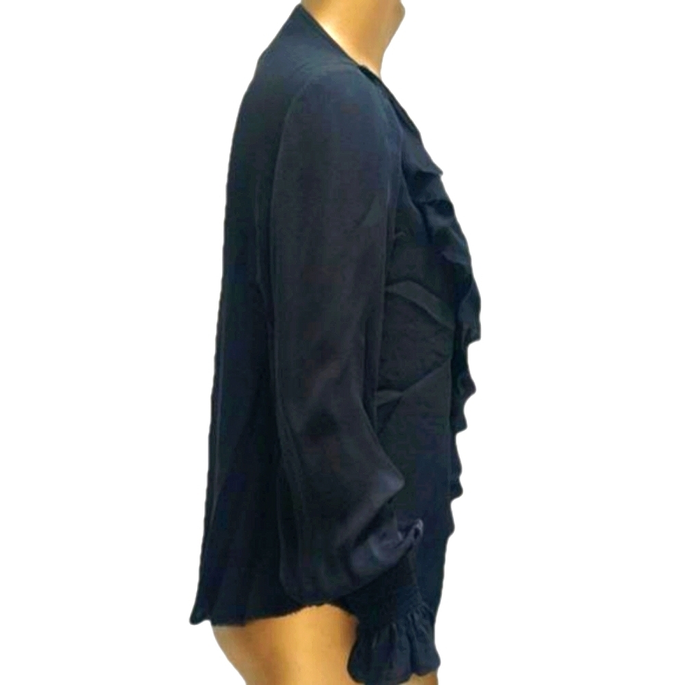 Black Silk Long Sleeve Ruffle Raw Edge Button Up Gothic Blouse Corporate Goth - Picture 3 of 8
